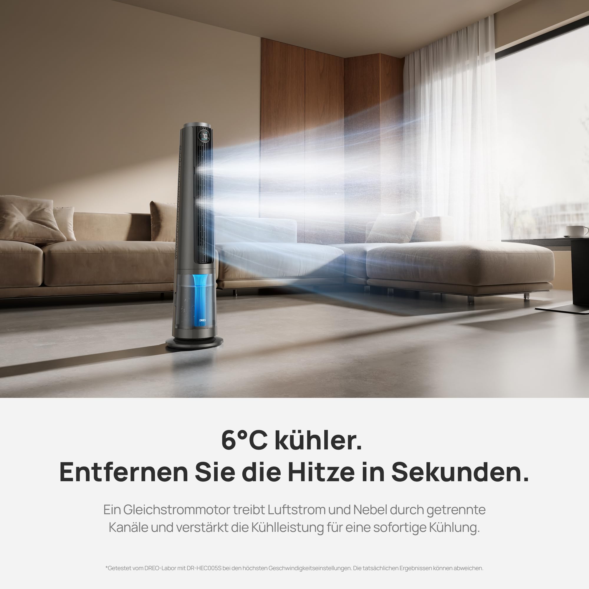 DREO TurboCool Nebelventilator 765S, 3-in-1 Turmventilator mit WLAN & App-Steuerung, 6 L Tank, 10.4 m/s, 20 dB leiser DC-Motor, 90° Oszillation