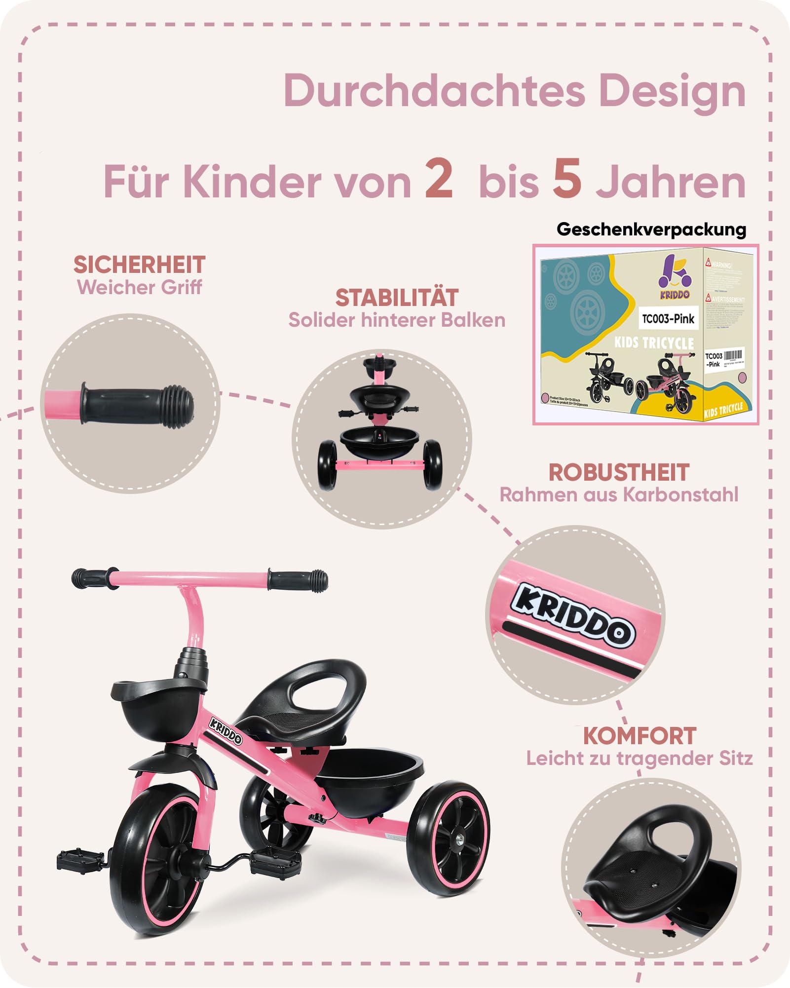 KRIDDO Dreirad ab 2 Jahre, Dreirad für Kinder von 24 Monate bis 5 Jahre, Kinderdreirad Lauflernhilfe, Geschenk für Kleinkinder von 2-4 Jahren, Dreiräder, Rosa