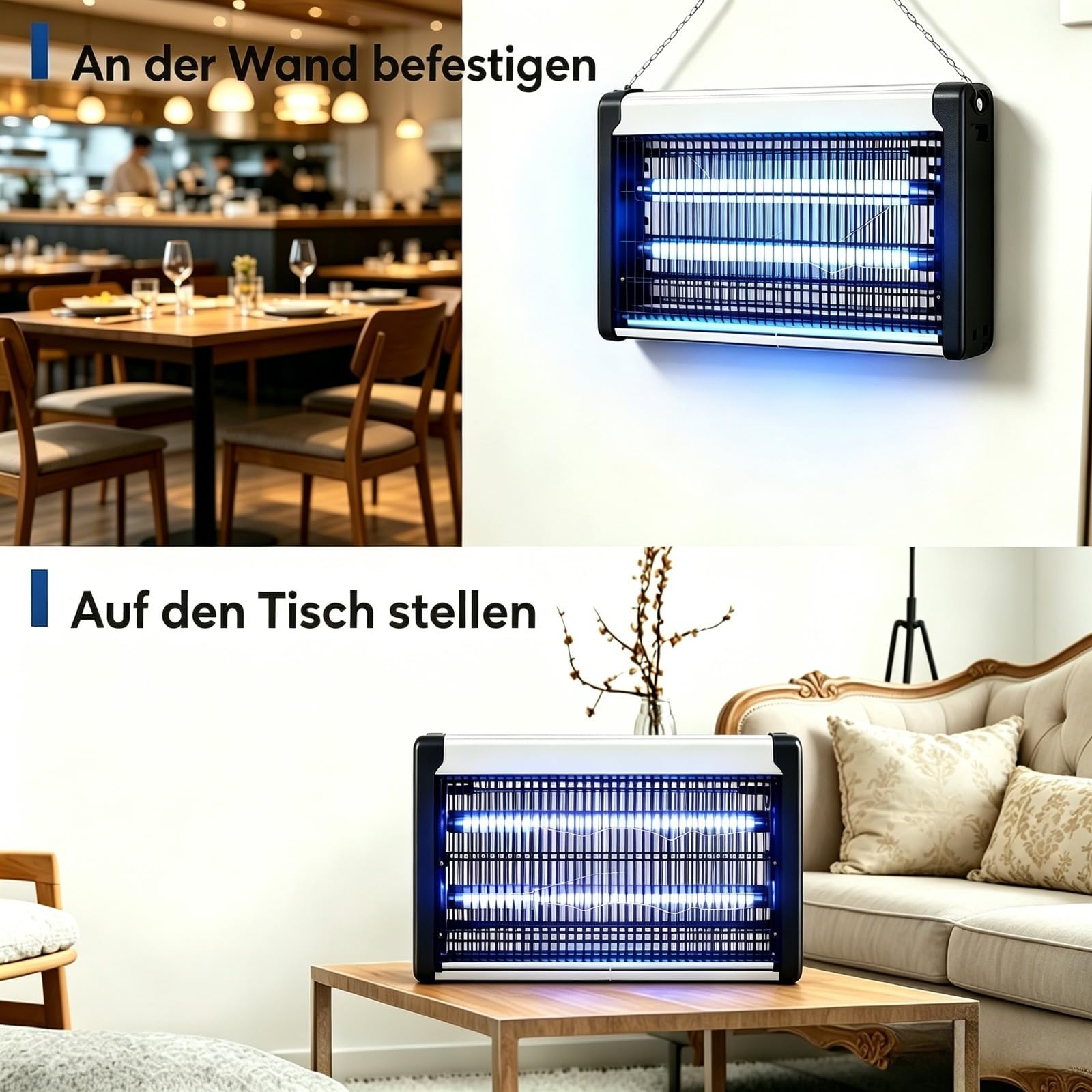 Insektenvernichter Elektrisch 20W, Fliegenfalle Elektrisch mit UV-Lampe, 3000V Mückenlampe, Wandmontage möglich, Perfekt gegen Mücken, Fliegen, Motten & Fliegende Insekten CHEMIEFREI