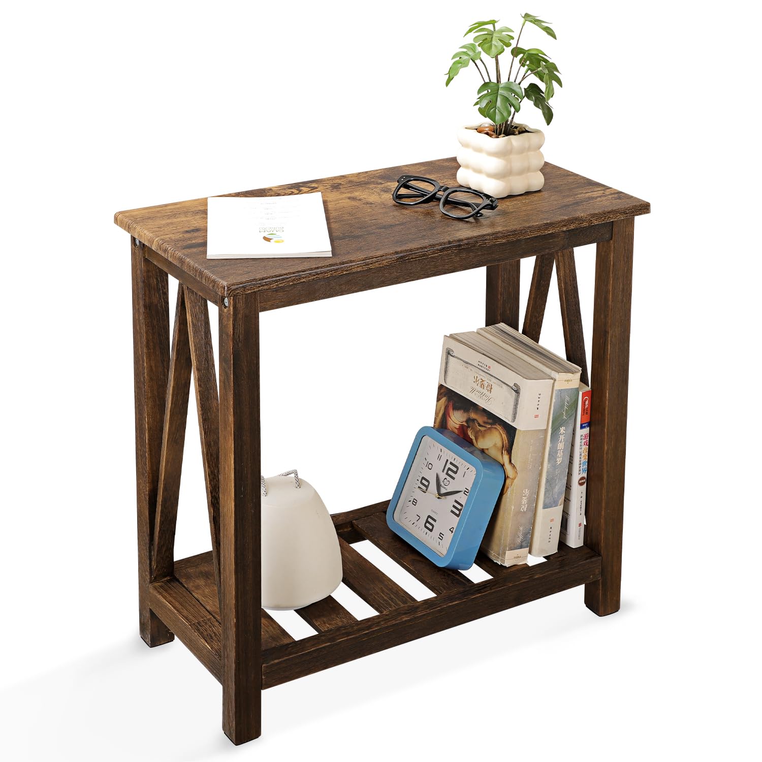 FEUFOAM End Side Table with Storage Shelf Rectangle Narrow Nightstand Console Tables Brown Smooth End Table for Small Spaces Industrial Accent Side Table for Living Room Bathroom Bedroom
