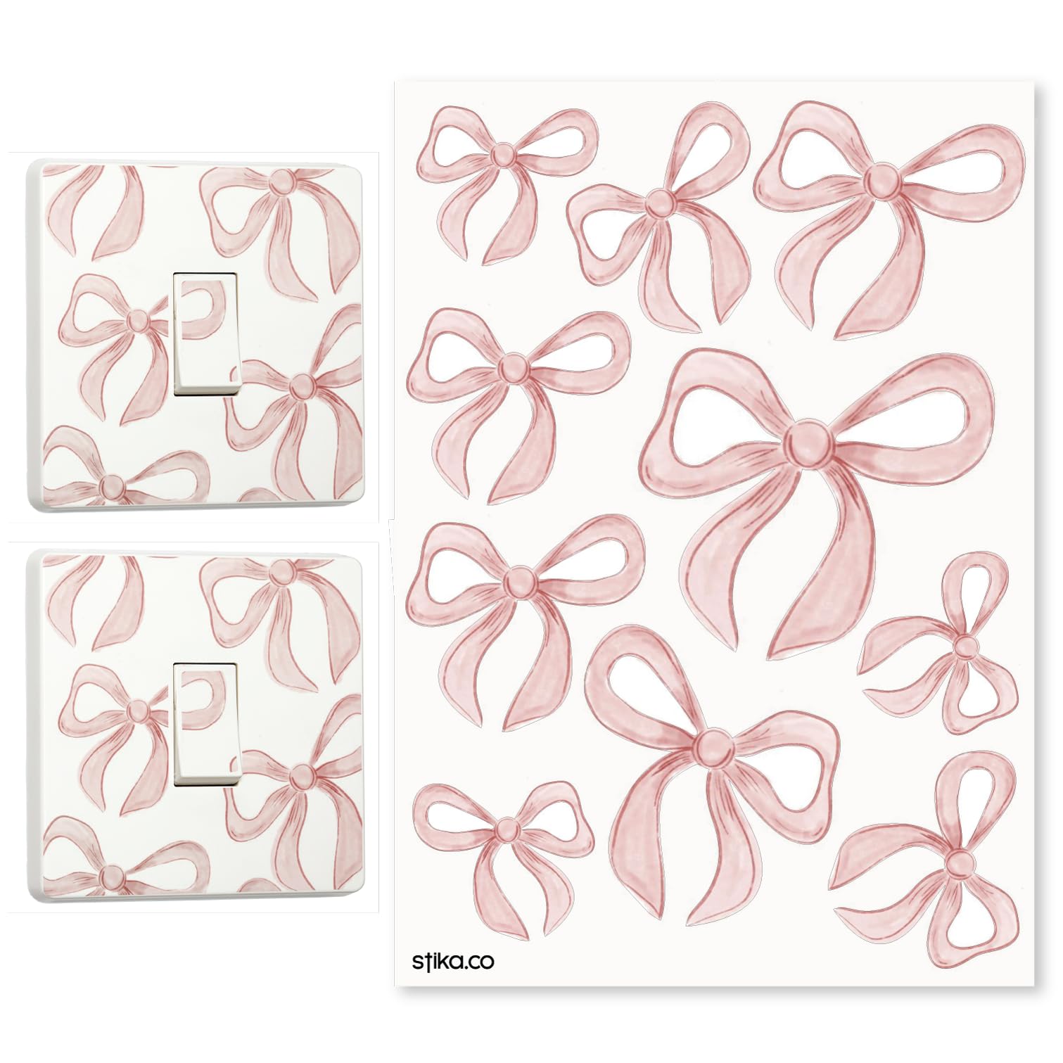 stika.co Pink Bow Girls Room Decor Set - Light Switch Sticker, Wall Decals, Door Name & Alphabet Designs - Decorations for Bedrooms, Nurseries, Playrooms (Starter Set, Laminated Vinyl)