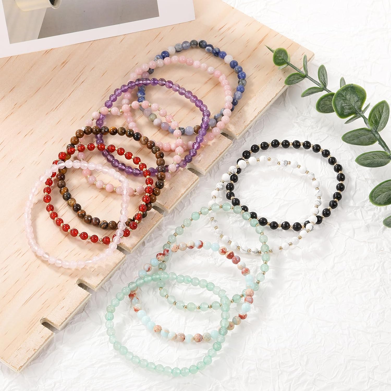 Ornaland 12 Pcs Beaded Bracelets Surfer Stretch Natural Stone Bracelet Stackable Bracelets Set Elastic Beach Bracelets Wrist Jewelry for Women Men,4mm