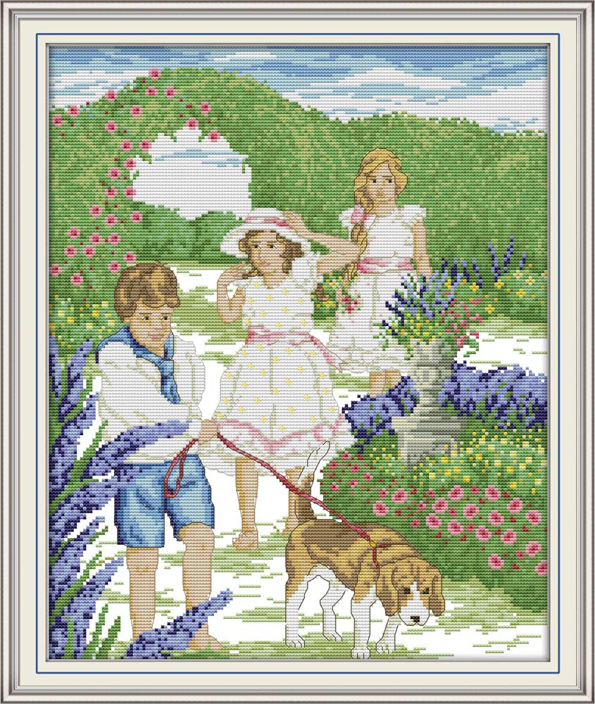 WOWDECOR Cross Stitch Embroidery Kits for Adults Kids, Garden Boy Girl Puppy 11CT Stamped DIY DMC Needlework Easy Beginners