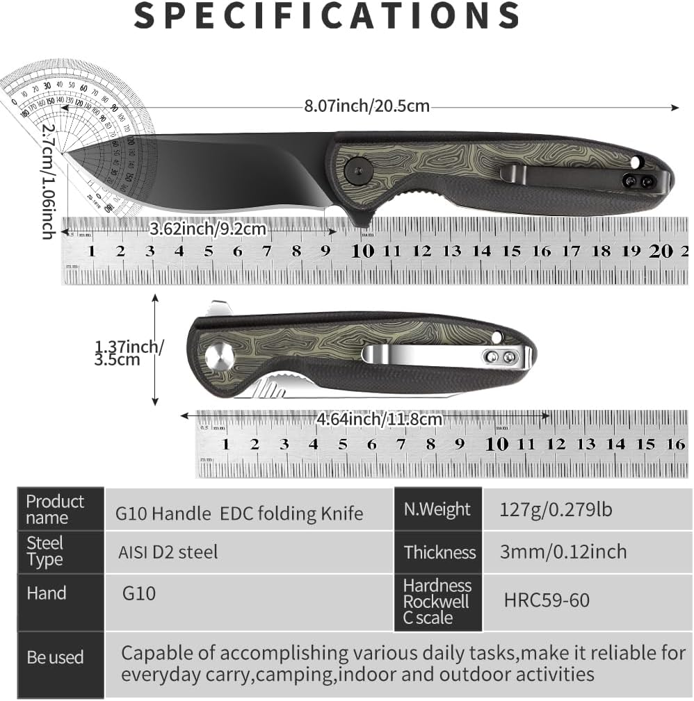 ioko Folding knife D2 blade material, G10 two-color handle, suitable for men and women outdoor camping carrying knife, sharp and durable blade, with pocket clip (black)