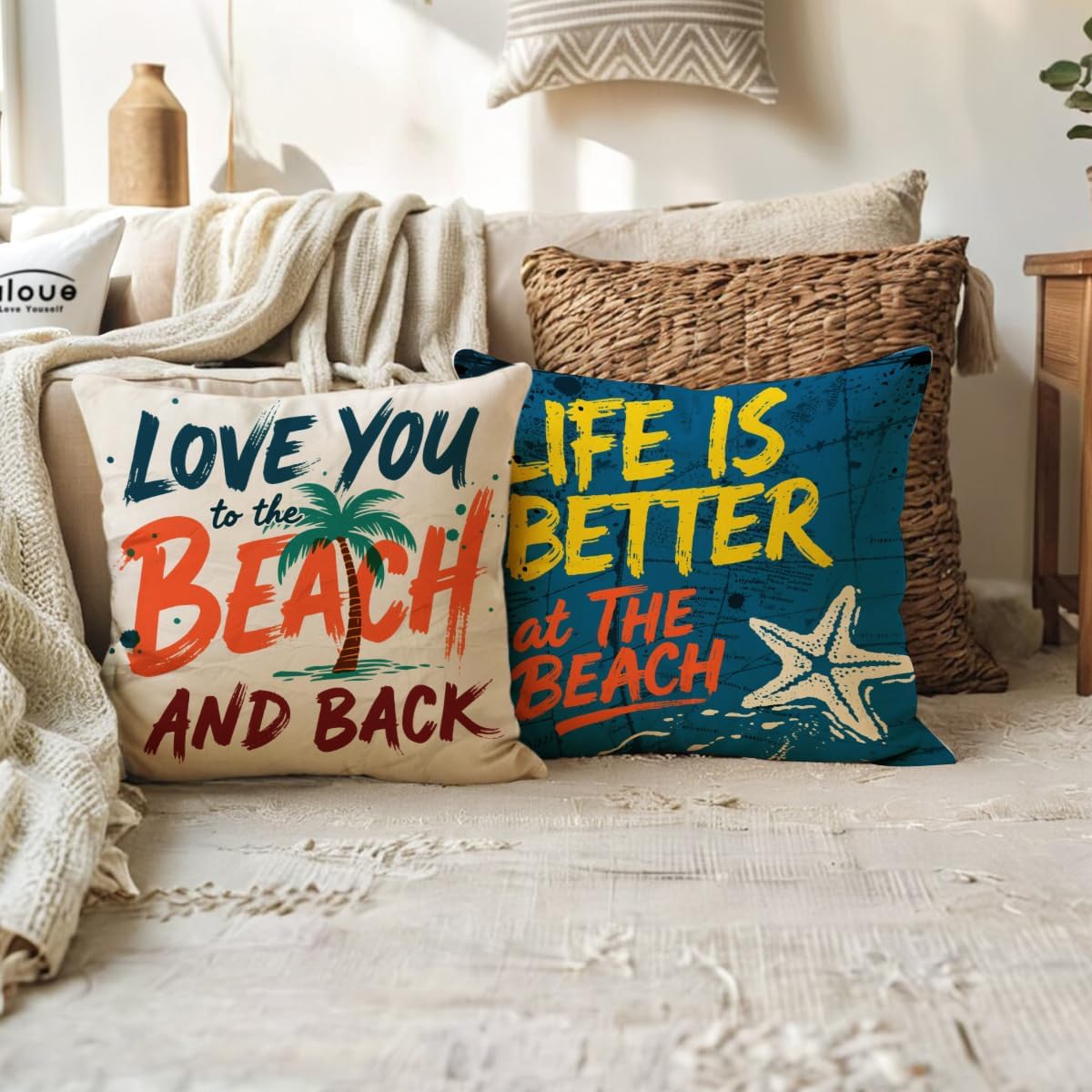 Coastal Beach Throw Pillow Covers 4Pack Ocean Nautical Design with Quotes and Palm Trees Decorative Pillowcases Summer Beach House Cushion Covers 18×18 inch for Coastal Home Decor(Multi) image 4
