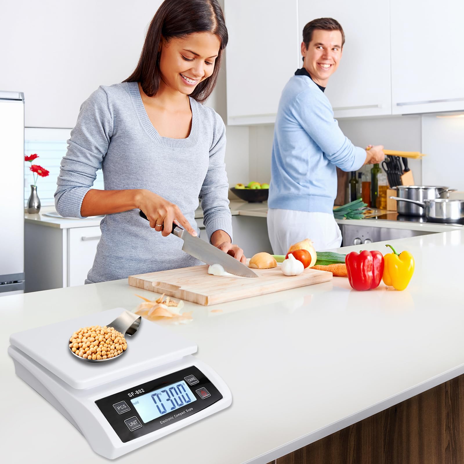 Balance de cuisine numérique 30 kg/0,1 g avec écran LCD, fonction tare, haute précision, fonctionne sur piles, balance à fruits avec 4 unités de mesure pour la cuisine et la pâtisserie (blanche)