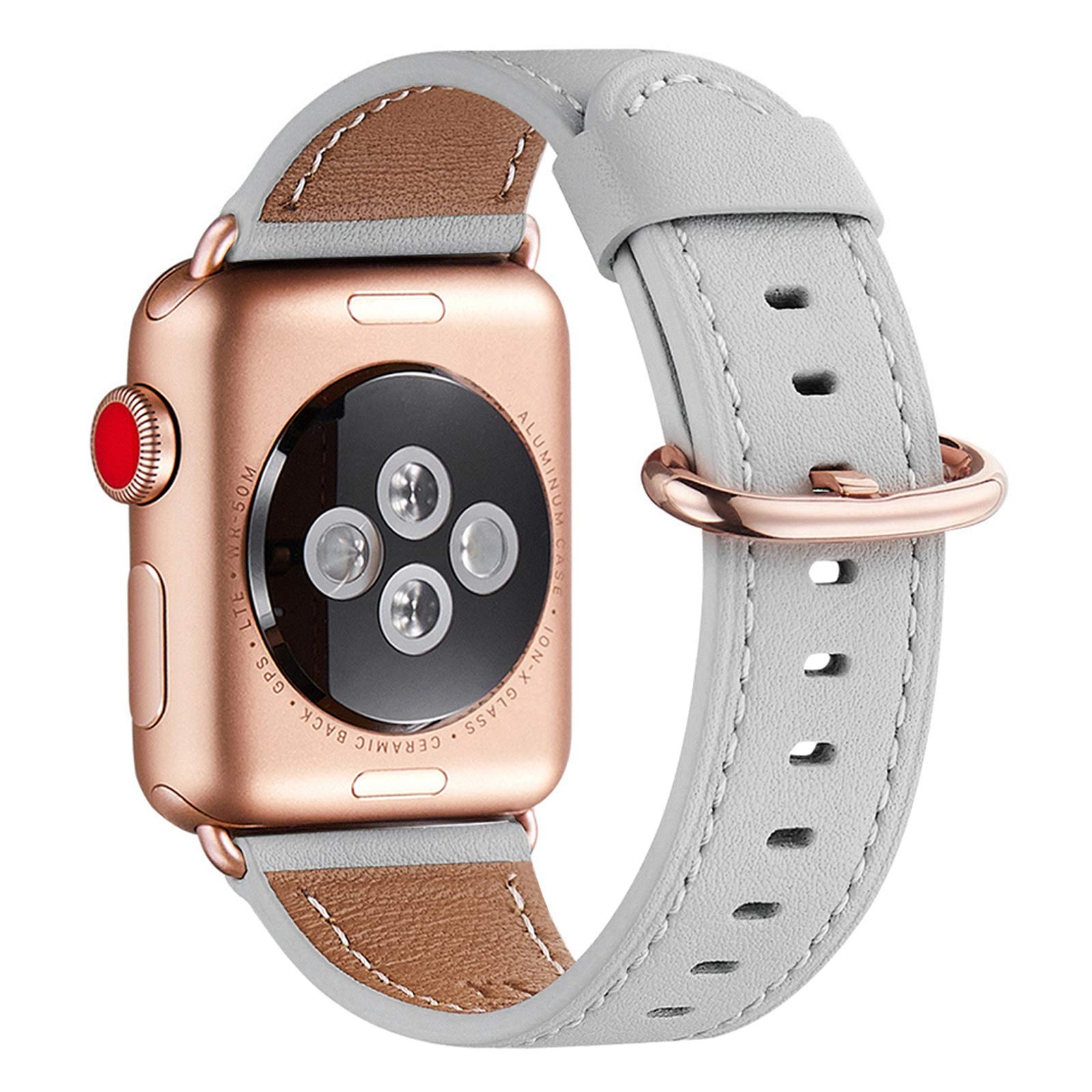 WFEAGL Kompatibel für Apple Watch Armband 40mm 41mm 38mm 42mm(Series 11 10),Lederband Ersatzband für Herren Damen Kompatibel für iWatch Series 11/10/9/8/7/6/5/4/3/2/1,SE,Hell Grau+Rosé Gold Adapter | Freizeit