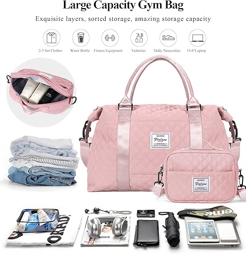 Miniatura 2 de Bolsas de lona de viaje para mujer, bolsa de fin de semana con bolsillo para artículos personales y bolsa de aseo personal, grande, Cuadrícula-Rosa,