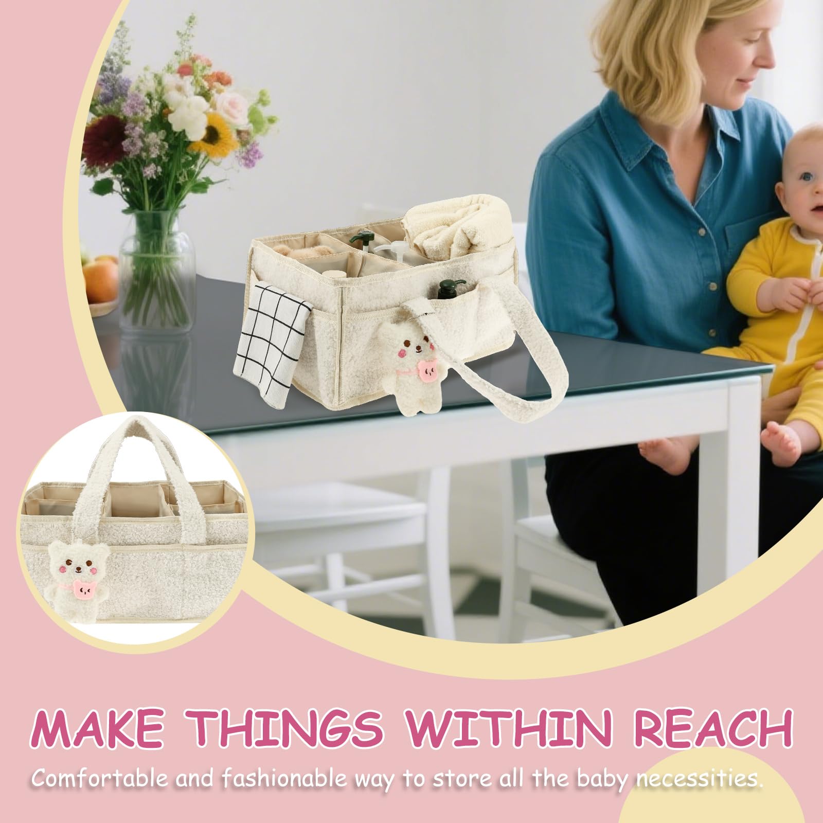 Organisateur de couches pour bébé, portable, avec poignée et pendentif, 38 x 27 x 18,5 cm, panier de rangement élégant pour nouveau-né, grand sac de porte-bébé, blanc