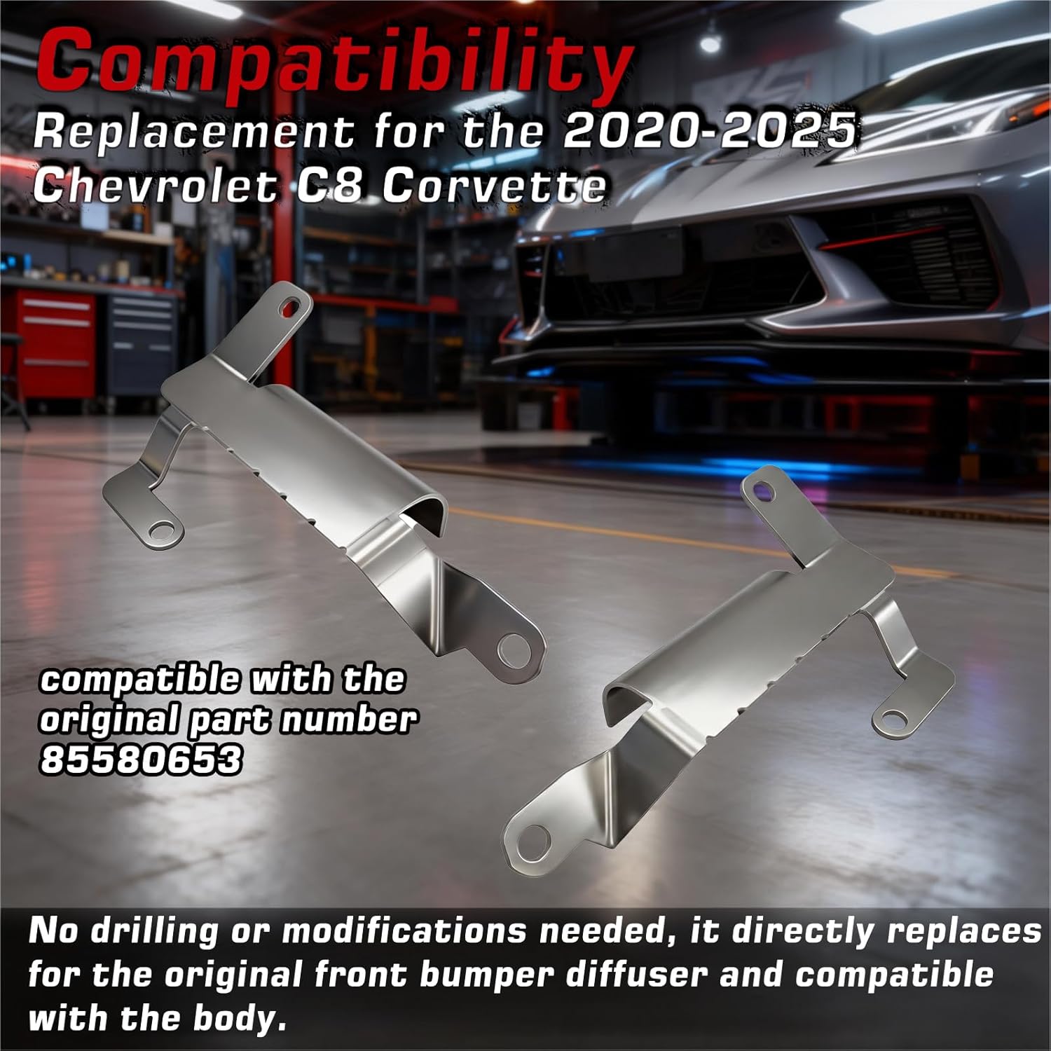 YunGlee Front Lower Bumper Air Deflector Shield Compatible with Chevrolet Corvette C8 2020‑2025, Replacement for GM 85580654 and 85580653 Front Deflector