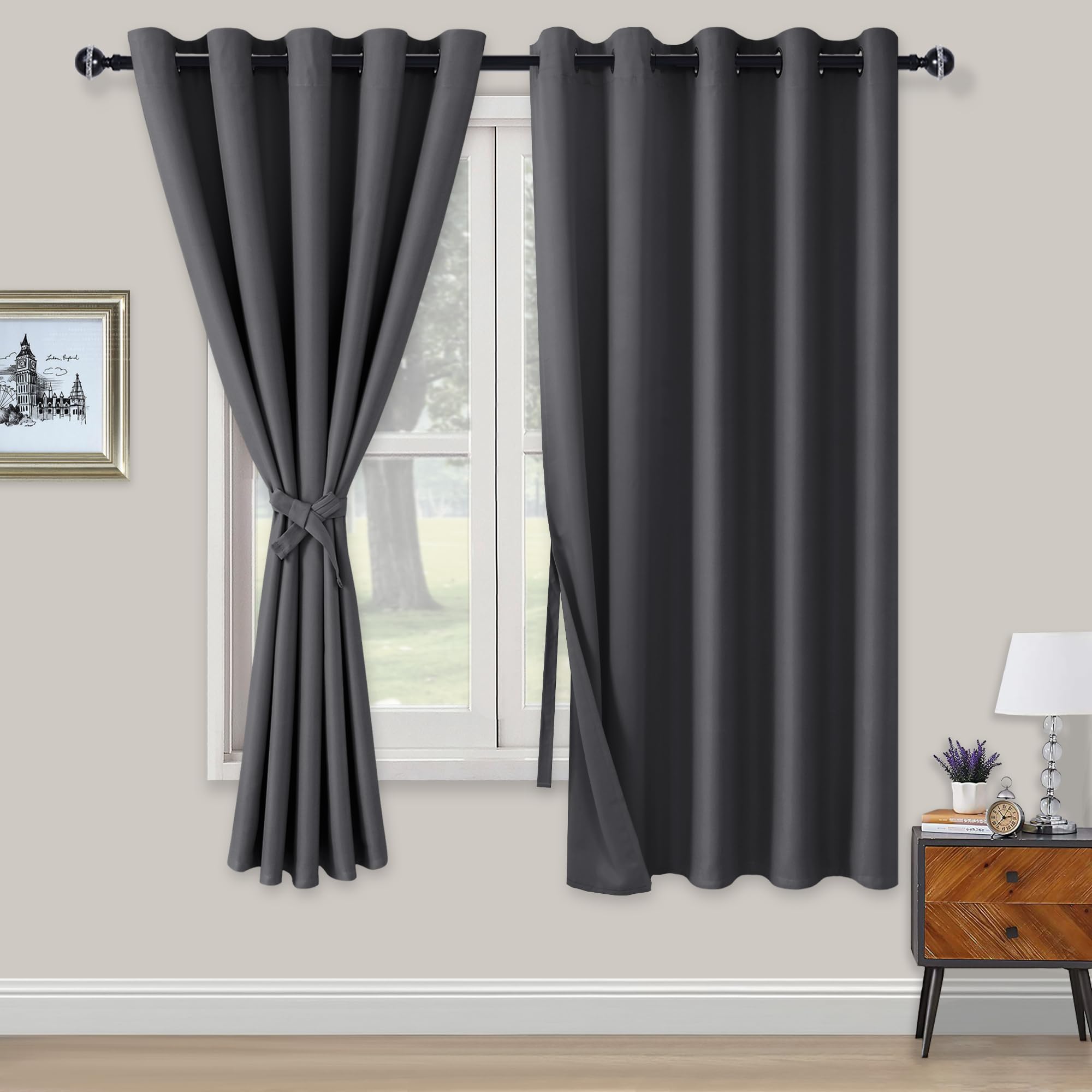 XWZO Blackout Curtains Shades Window Curtain Panels with Tiebacks- Noise Reduction and Thermal Insulated Eyelet Curtains for Bedroom,Living Room,Office,Study Room Dark Grey W66xL72