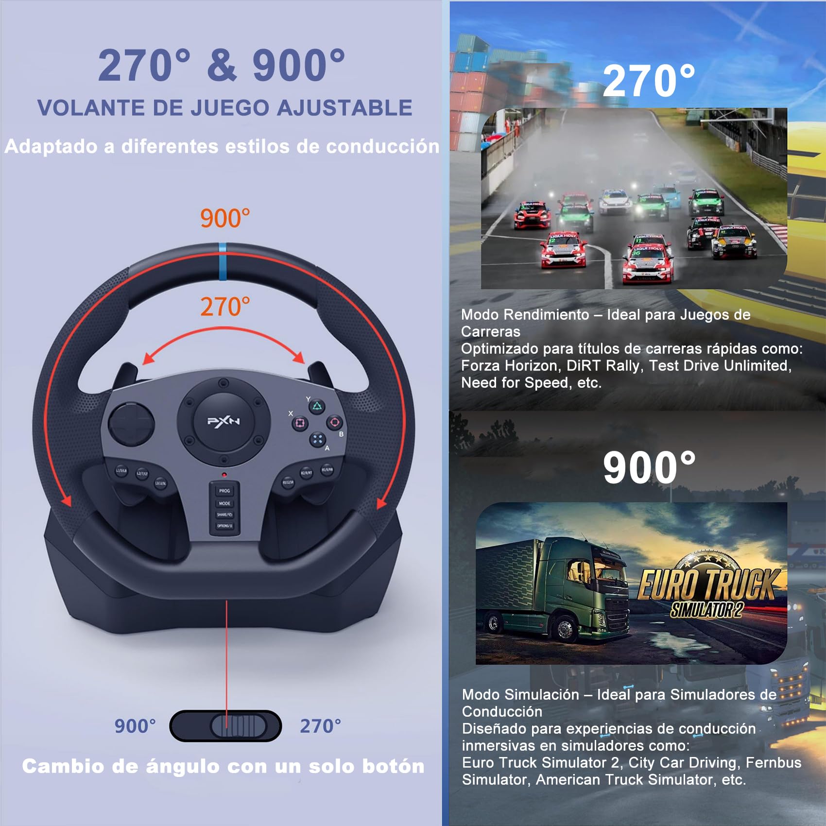 PXN V9 Volante de Carreras de 270/900° con Pedales y Palanca de Cambios y Feedback Vibración, con Tool App, Volante para PC, Xbox, PS4, y PS3