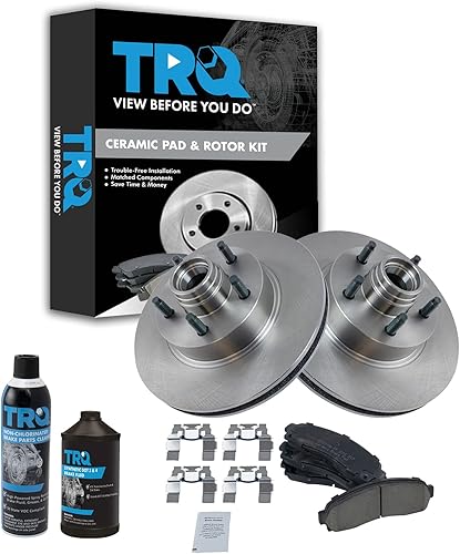 TRQ Kit de pastillas de freno delantero y rotor, kit químico de freno, pastillas de freno de cerámica compatible con Ford Ranger 2003-2011 Mazda