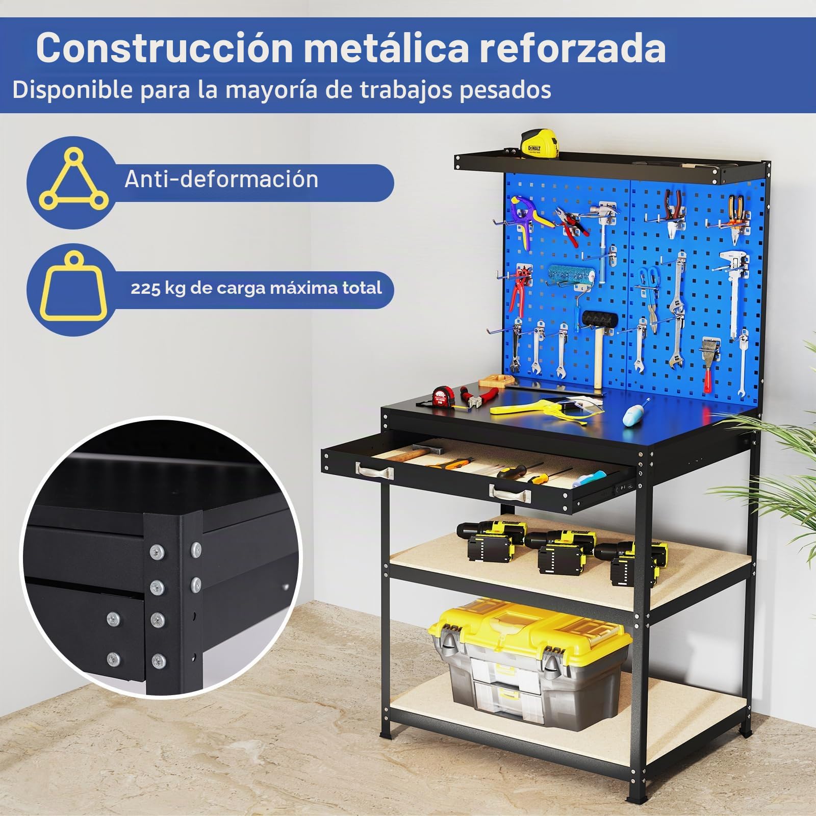 GYMAX Banco de Trabajo con Panel Perforado, Banco de Trabajo Metálico con 2 Cajones, 3 Estantes, 20 Ganchos, Capacidad de Carga de 225 KG, Mesa de Trabajo con Organizador de Herramientas (Azul)