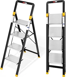KINGRACK 4 Step Ladder, Aluminium Lightweight Folding Step Stool with Anti-Slip Wide Pedals, Handrail, 330lbs Capacity Ladder for Household, Kitchen,Home, Space Saving, Sturdy and Portable
