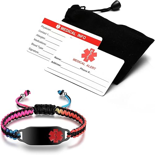 Miniatura 7 de Pulseras de alerta médica para mujer, pulseras de identificación de alerta médica, cuerda de poliéster trenzada hecha a mano, pulsera de emergencia