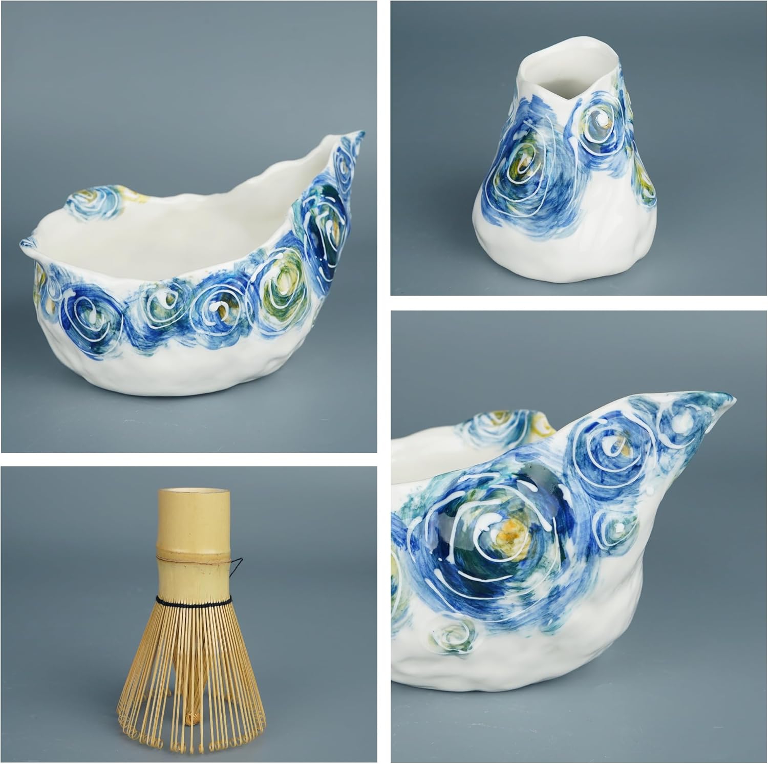 Matcha Whisk Set, Matcha Set Includes Ceramic Matcha Bowl, Bamboo Whisk, Scoop, Chasen Holder, Sifter, 5 Pcs Perfect Matcha Kit for Valentine's Day Gift & Macha Lover(Large Starry Sky Blue)