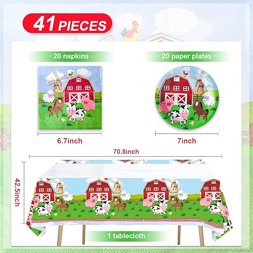 Miniatura 2 de 41 suministros de fiesta de granja, incluye 20 platos, 20 servilletas y 1 mantel, utilizado para decoración de fiesta de cumpleaños de la granja de
