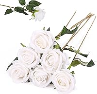 Vista 22 de 50 rosas artificiales, ramo de rosas rojas falsas, rosas rojas de seda artificial con tallos para decoración de flores de boda, día de San Valentín