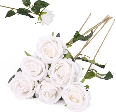 6 PCS White Roses Artificial Flowers, Fake White Roses Bouquet, White Artificial Silk Roses with Stems for Wedding Flowers Decoration, Valentines Day Mothers Day, Bridal Bouquet Roses
