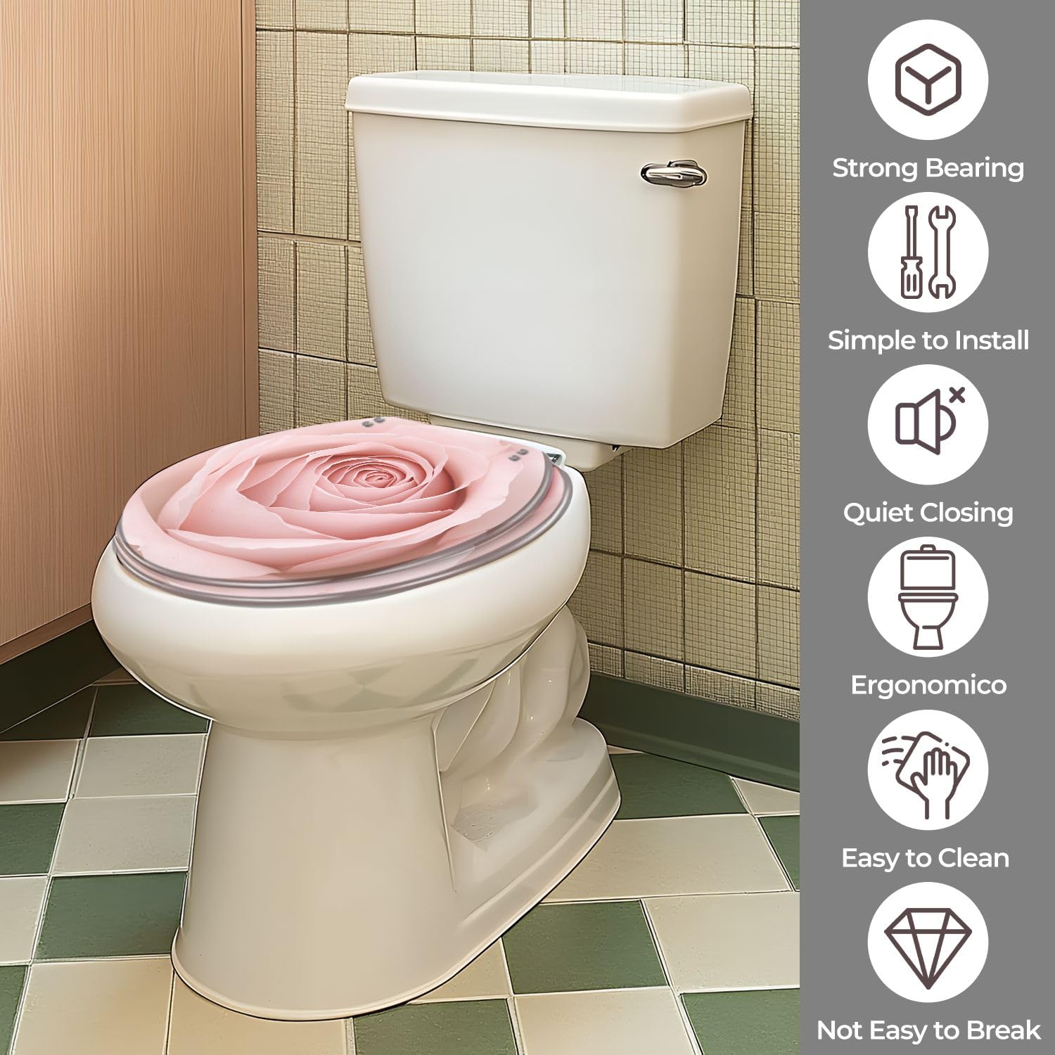 Asiento de inodoro redondo genérico para baño con bisagras de resina de cierre suave y liberación rápida.