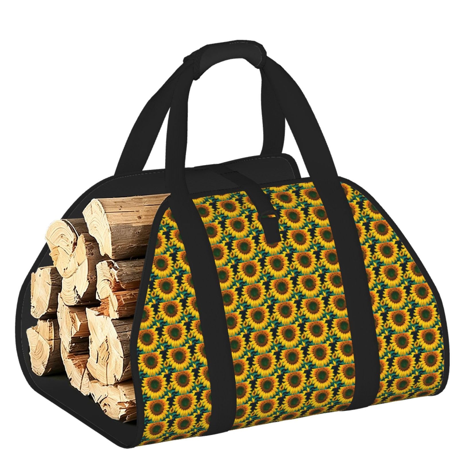 Ayyqwe Black Rainbow Sunflower Print Firewood Bag Wood Waterproof Versatile Camping Picnic Storage Daily Home
