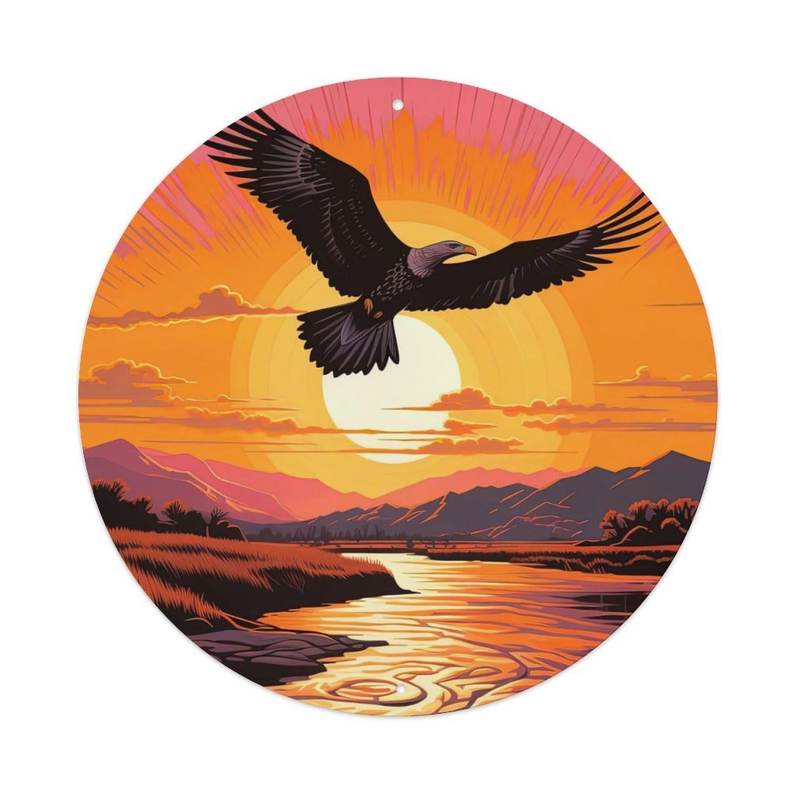 Art Animal at Sunset Bald Eagle Soar Vintage Metal Tin Sign Plaque Wall Decor for Cafe, Club, Garden Round Metal Poster 8x8Inch