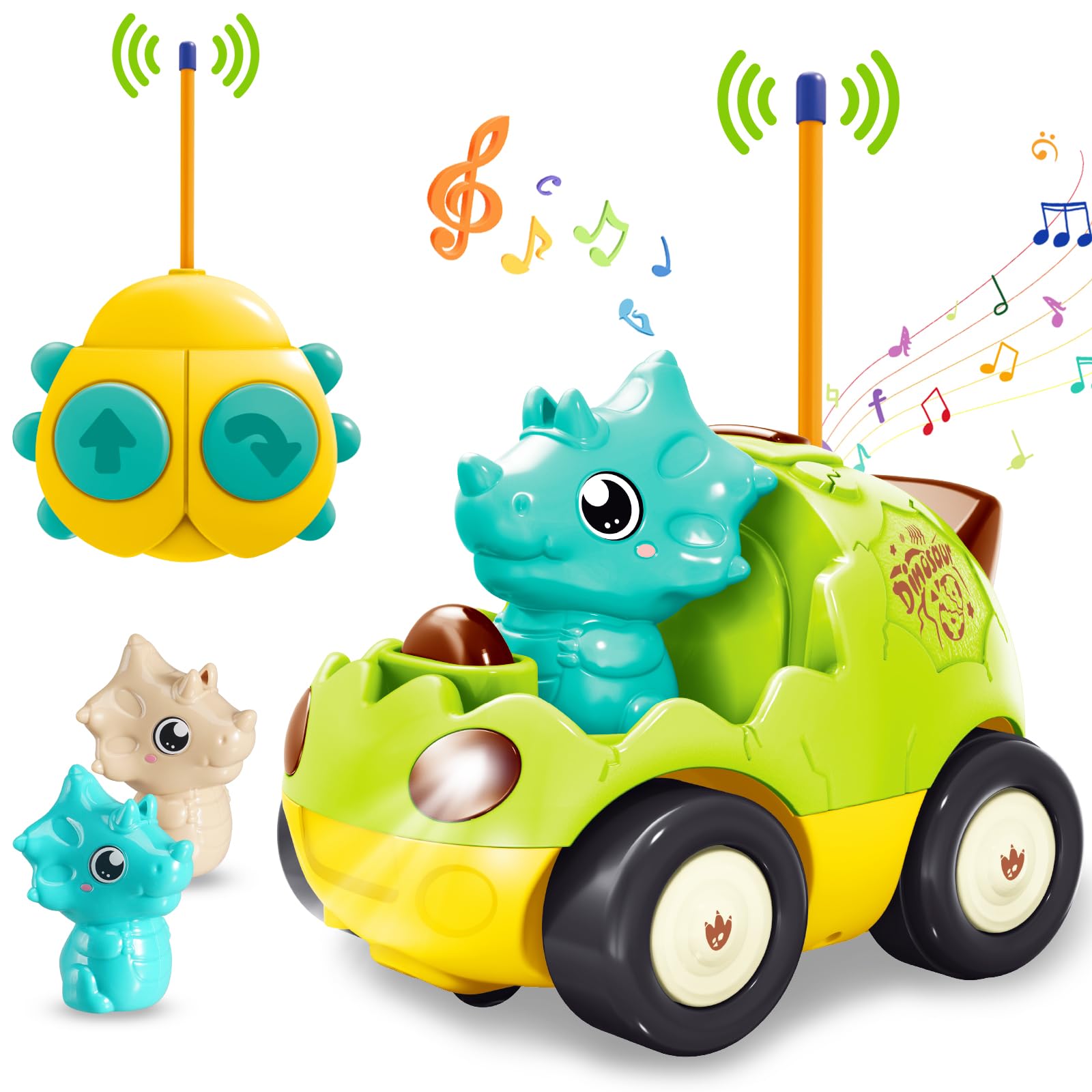 Pup Go Coche de Dinosaurio RC Cartoon para Niños Pequeños 18 Meses+ con Música y 2 Muñecas Intercambiables, Primer Coche de Control Remoto para Niños y Niñas, Cumpleaños o Navidad