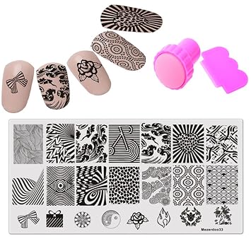 Mezerdoo Nail Stamping Plates Stripes Nail Art Stamper Scraper Set Plate Animal Rectangle Manicure Stamp Template Diy Nail Beauty Print Mezerdoo33 and stamper