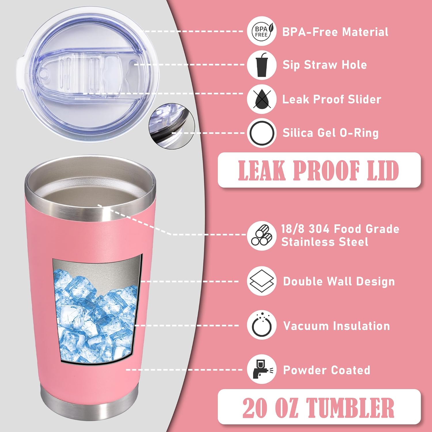 20 oz Tumbler Coffee Travel Tumblers Bulk with Lid Stainless Steel Double Wall Vacuum Insulated Mug Powder Coated Cups fit Car Cupholder for Hot and Cold - Pink, 12Pack - Image 3