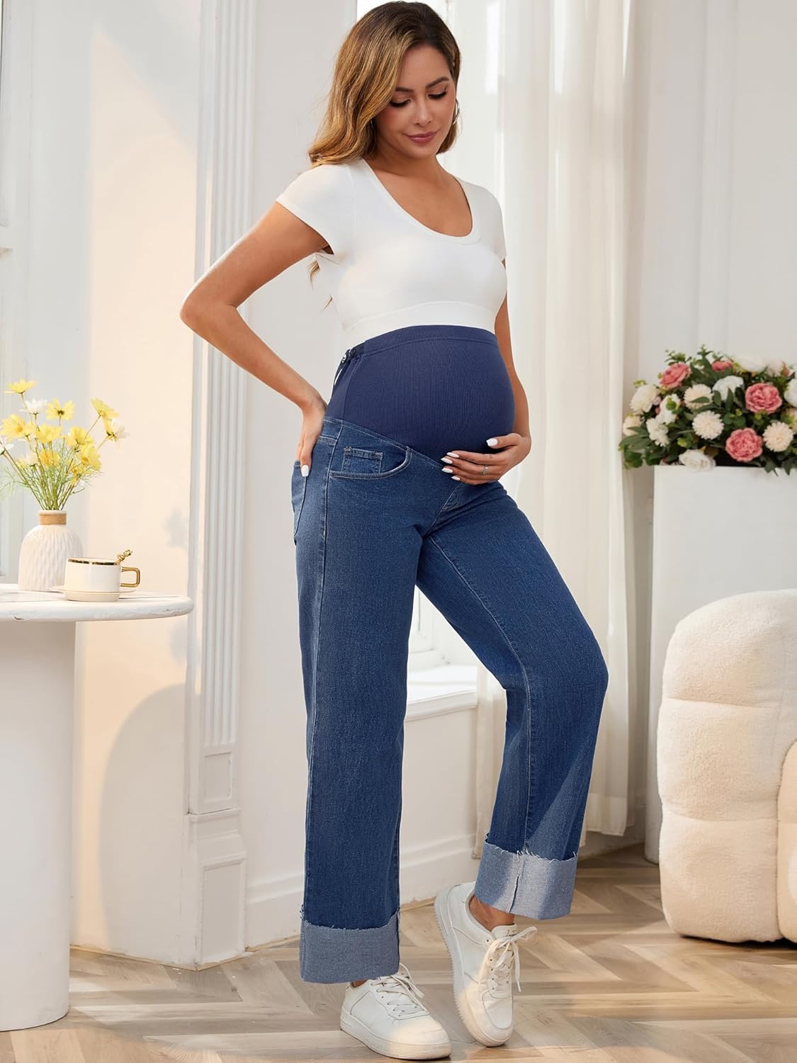 Women Maternity Jeans Denim Straight Leg Cuffed High Stretchy Over The Belly Pregnant Pants Work Casual - Image 6
