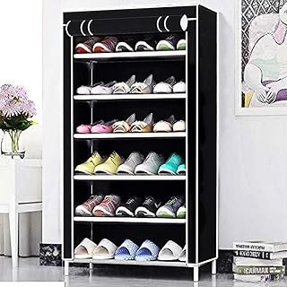EASY BUY 6 Shelf Shoe Rack Plastic with Cover, Zip Door Cover with Side Pockets, Storage of 18 Pairs of Shoes Storage (Black)