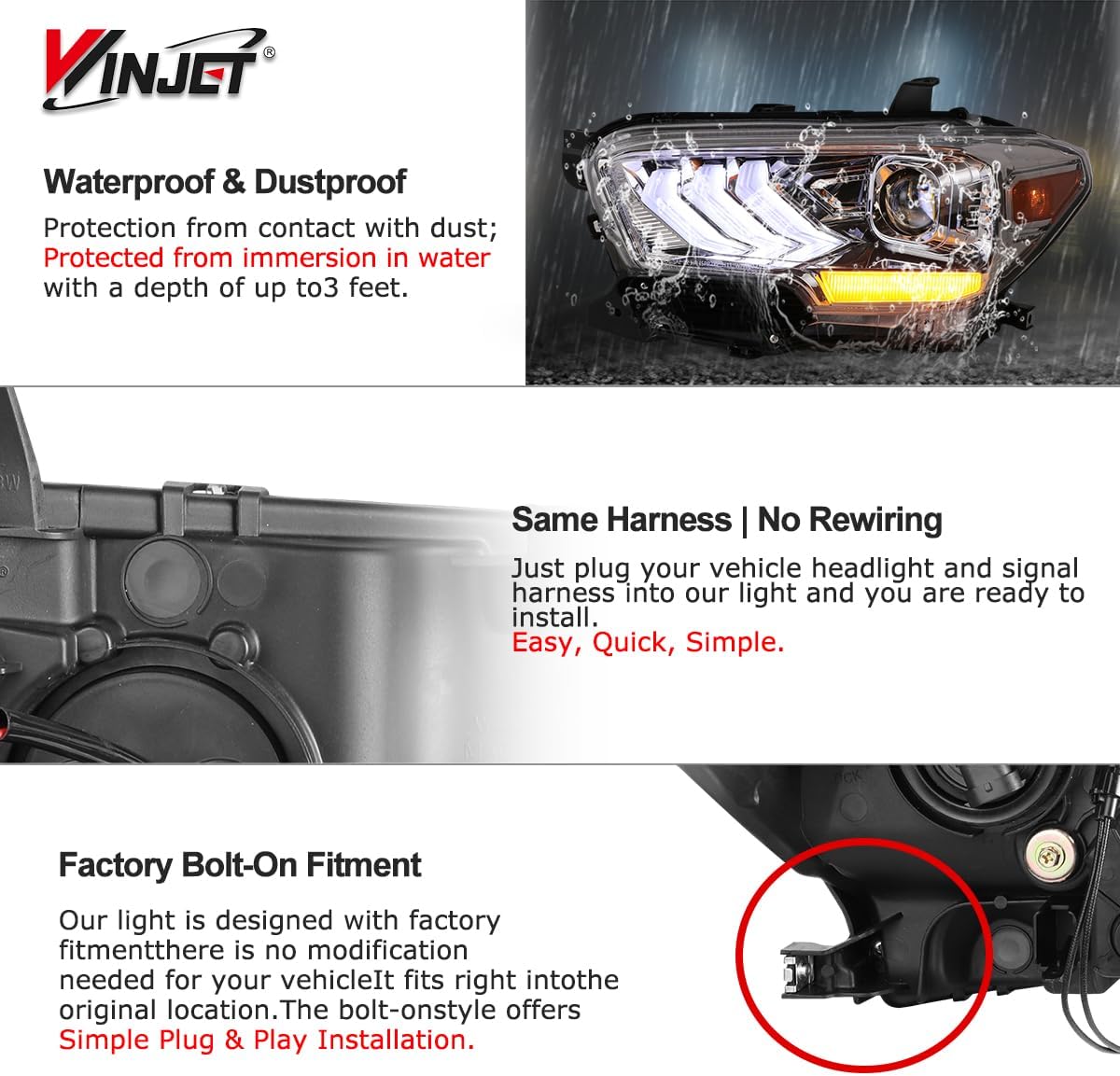 Features for easy installation including waterproof design, same harness, and factory bolt-on fitment