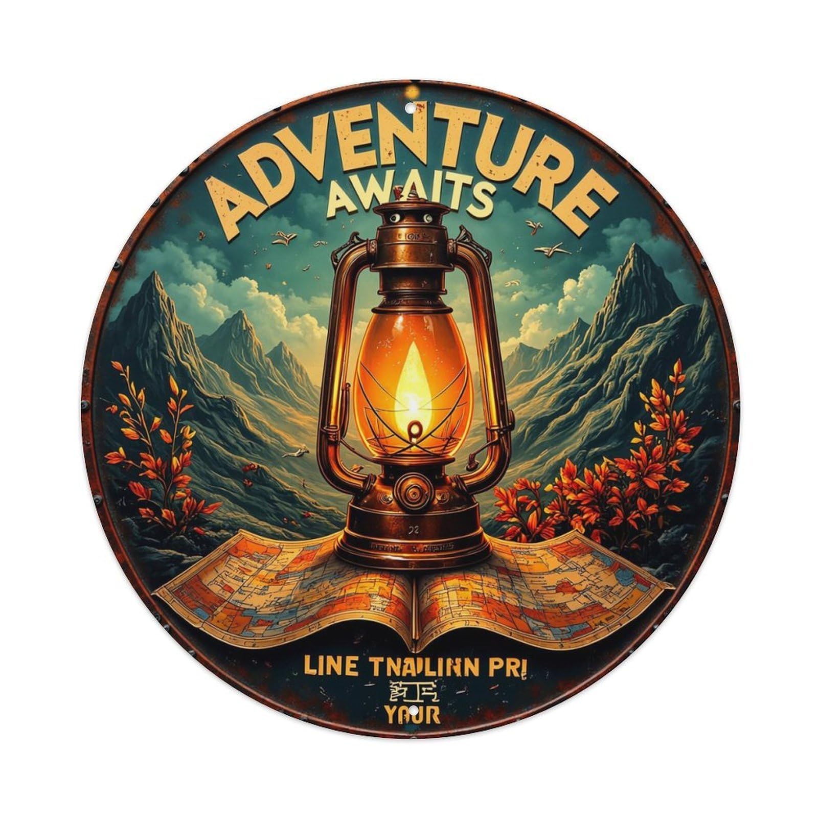 Adventure Awaits Lantern Map Mountains Vintage Round Tin Sign Retro Metal Wall Decor Metal Poster, Home Bar Garage Cafe Wall Art Decoration 8x8Inches