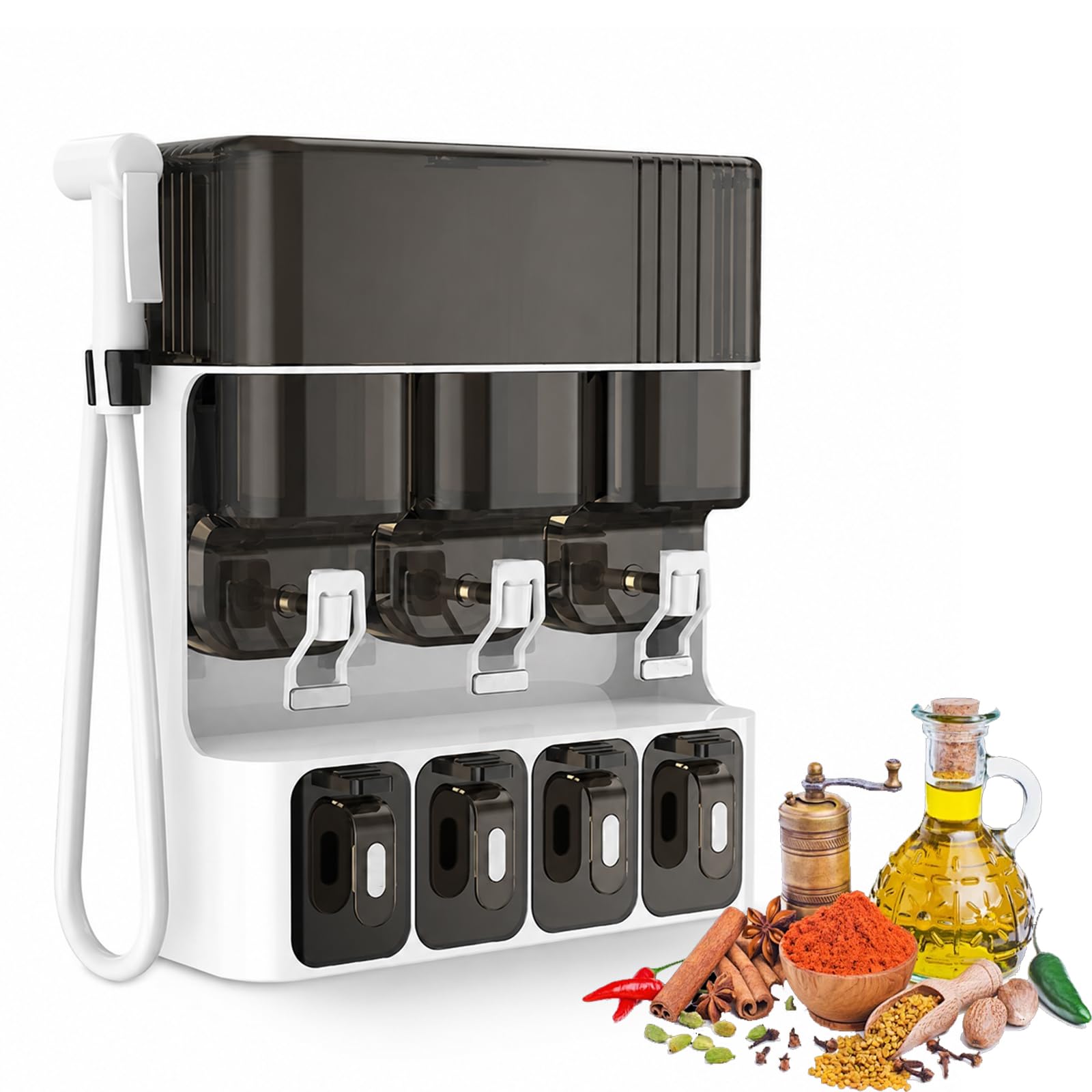Estante Para Especias De Pared, 3 Dispensadores De Líquidos Y Caja De Almacenamiento De Condimentos De 4 Cajones Con Pistola De Aceite, Sin Taladro, Dispensador De Aceite De Gran Capacidad