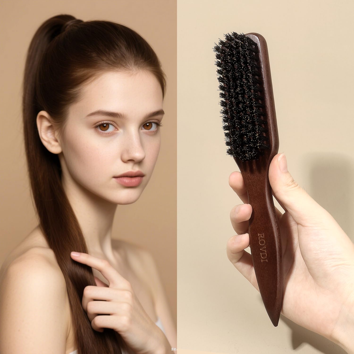 Cepillo de pelo de cerdas de jabalí, peine de estilo con mango de madera para hombres y mujeres, suave, pule y coloca el cabello plano para crear peinados elegantes sin encrespamiento, perfecto para