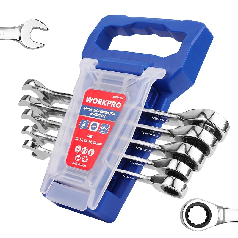 Jogo de Chaves Combinadas com Catraca WORKPRO Métricas em Aço CR-V, 10 a 15 mm, 5 Peças com Organizador W003374AR