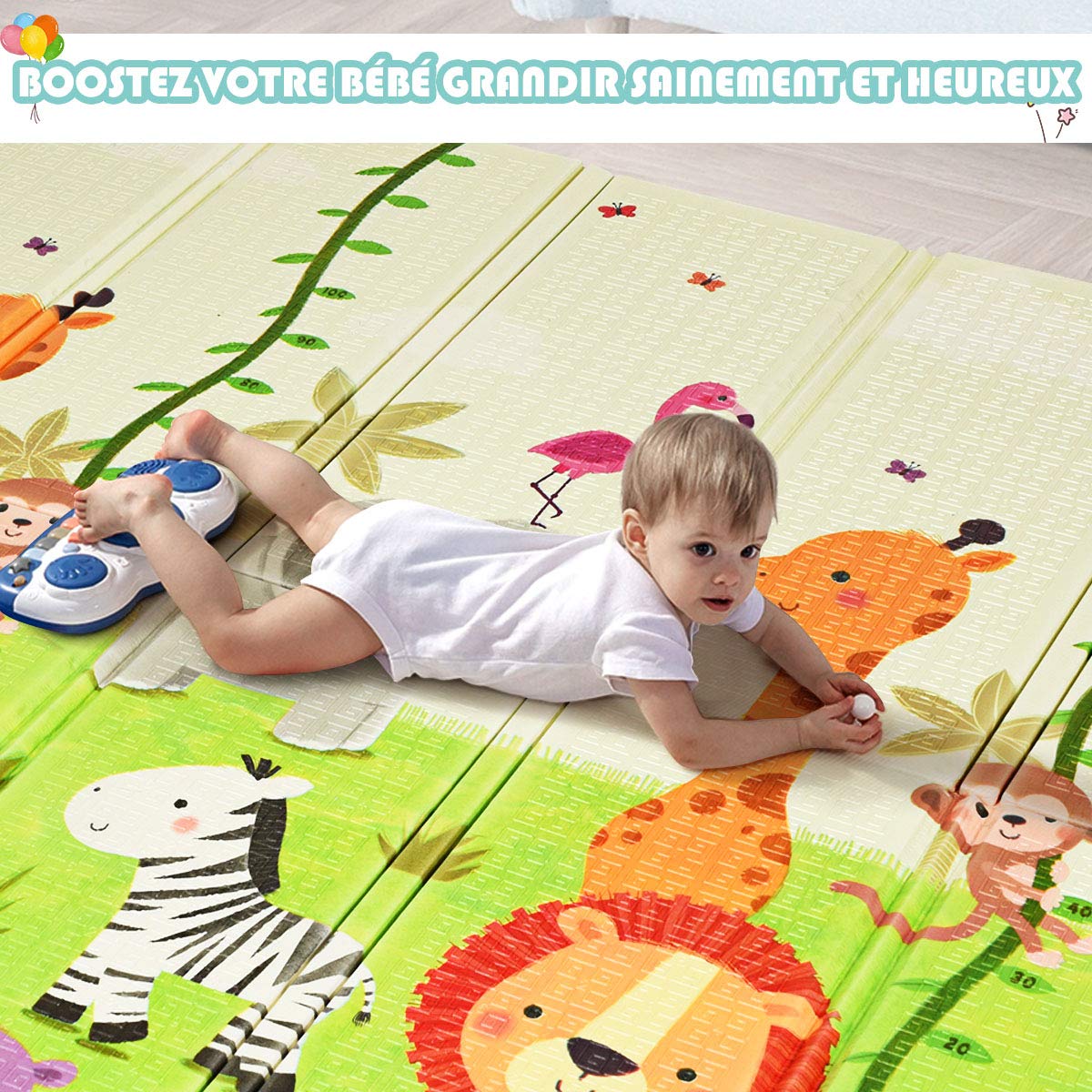 COSTWAY Tapis de Jeu Bébé Pliable 200x180x1,4cm avec Sac de Transport, Tapis de Sol XXL en XPE Imperméable et Réversible avec Motif Lion, Tapis d'éveil Double Face