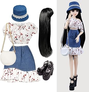 1/3 BJD Doll Clothes Outfit Set - Handcrafted Stylish Floral Blouse, Denim Skirt, Hat, Wig, Cross-body Bag, and High Heel, Compatible with 1/3 60cm 24in SD Dolls