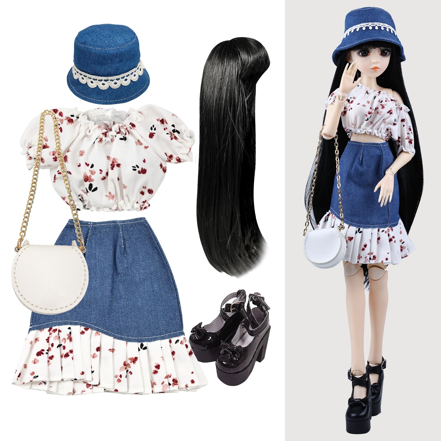 Proudoll 1/3 BJD Doll Clothes Outfit Set - Handcrafted Stylish Floral Blouse, Denim Skirt, Hat, Wig, Cross-body Bag, and High Heel, Compatible with 1/3 60cm 24in SD Dolls