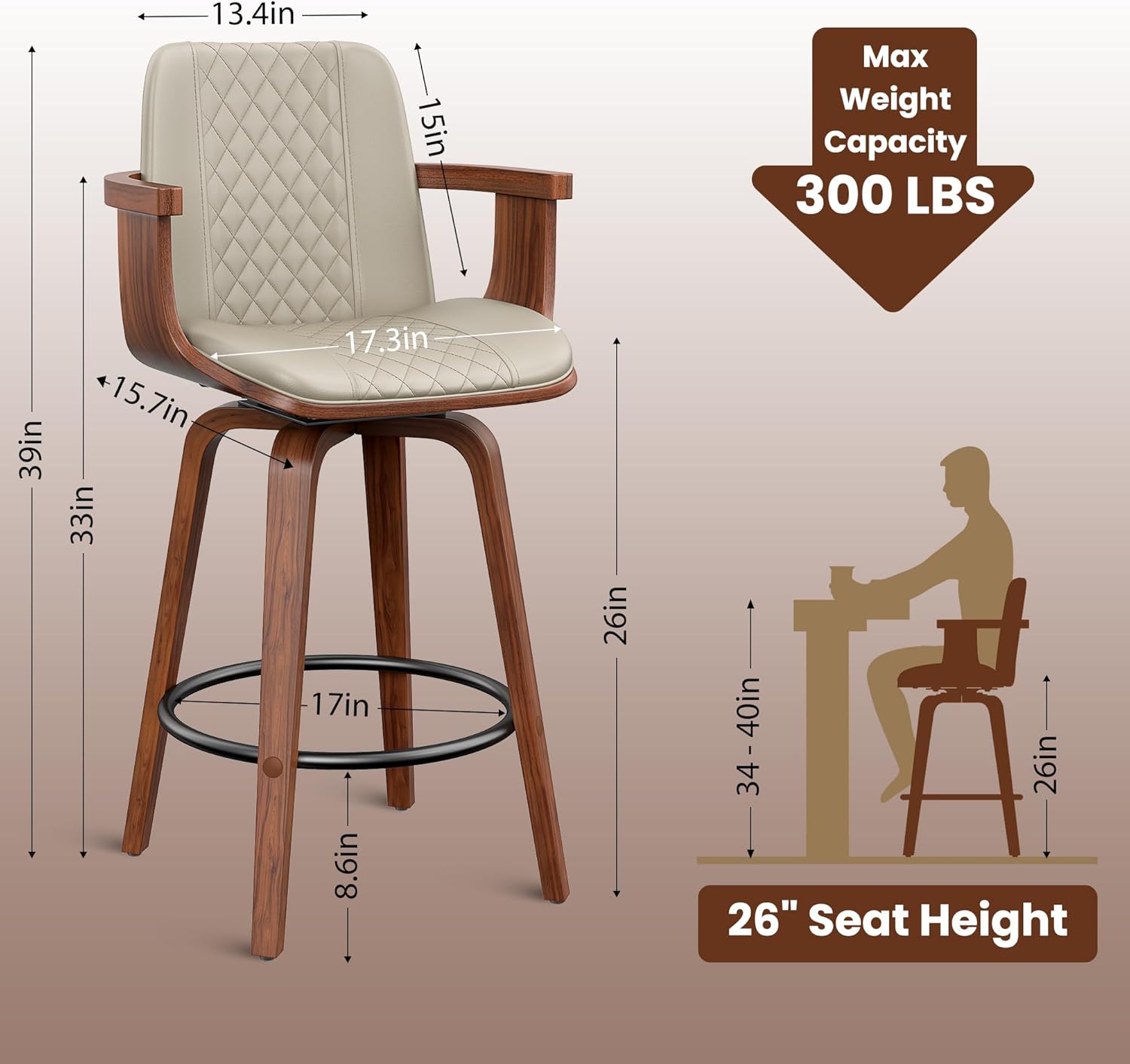 YaFiti Swivel Bar Stools Set of 4, 26" Counter Height Barstools with Wood Legs and Backs, Upholstered PU Leather Bentwood Frame Counter Stools with Armrest for Kitchen Island, Home Bar, Greige
