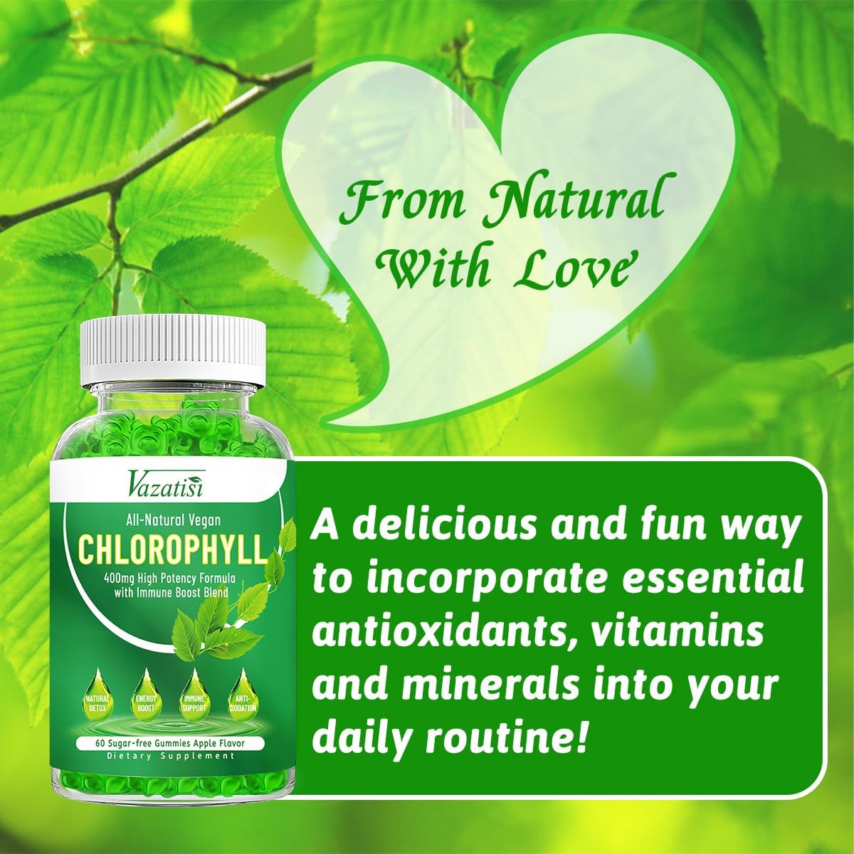 Chlorophyll Gummies - Super Green 13 in 1 with Ashwagandha Vitamin C Zinc & Copper for Body Odor, Skin Energy Immune Support Deodorant for Women - 60 Count