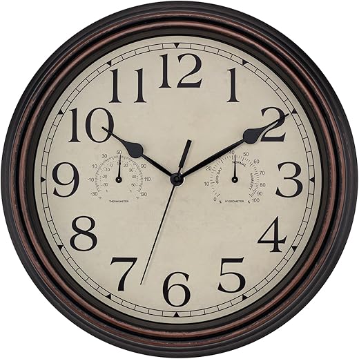 Foxtop Indoor Outdoor Waterproof Wall Clock with Thermometer and Hygrometer Combo, 14 Inch Retro