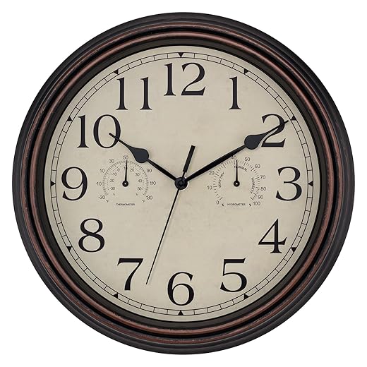Foxtop Indoor Outdoor Waterproof Wall Clock with Thermometer and Hygrometer Combo, 14 Inch Retro
