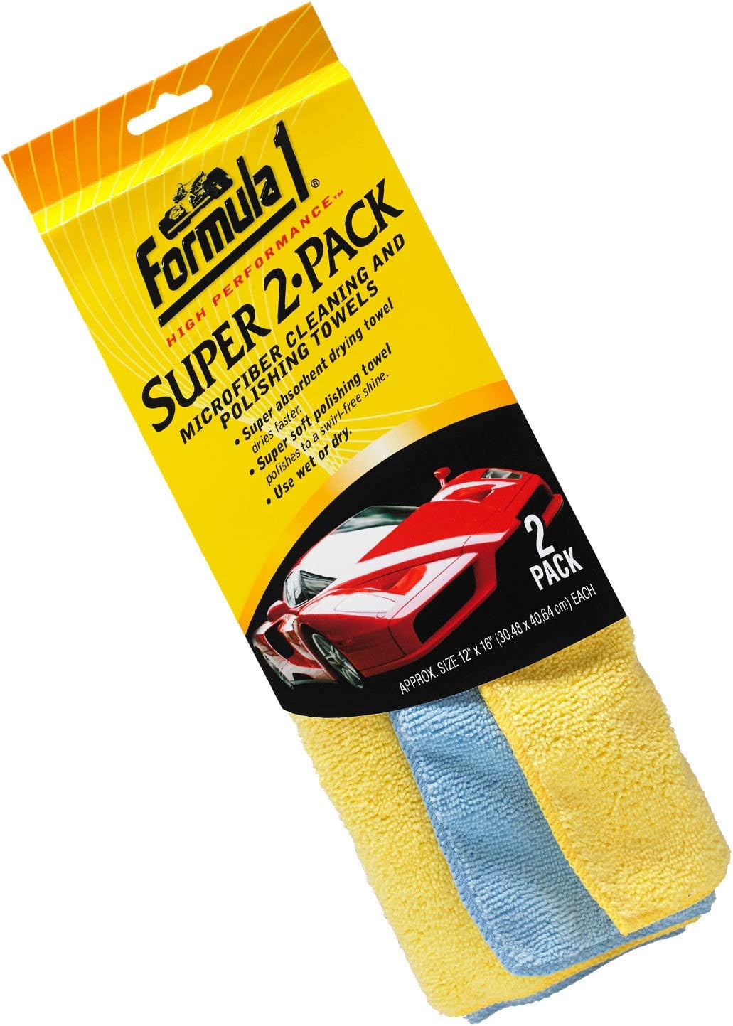 Formula 1 Super 2-Pack Microfiber Towels for Cars – Super Absorbent Microfiber Cleaning Cloth for Cars – Cleaning & Polishing Car Microfiber Towel Set – Streak-Free Car Cleaning Supplies (12" x 16")