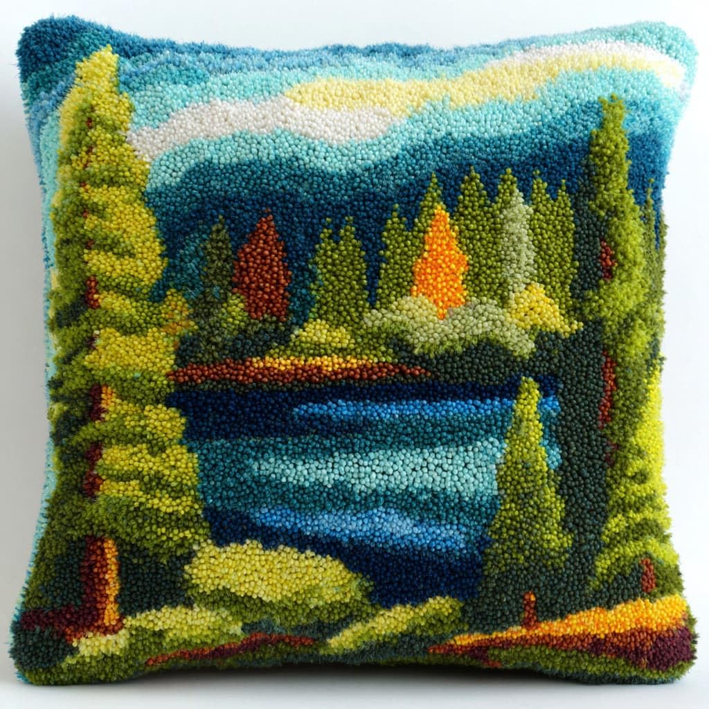 WallustrioaW Latch Hook Cushion Kits,Lake Scenery