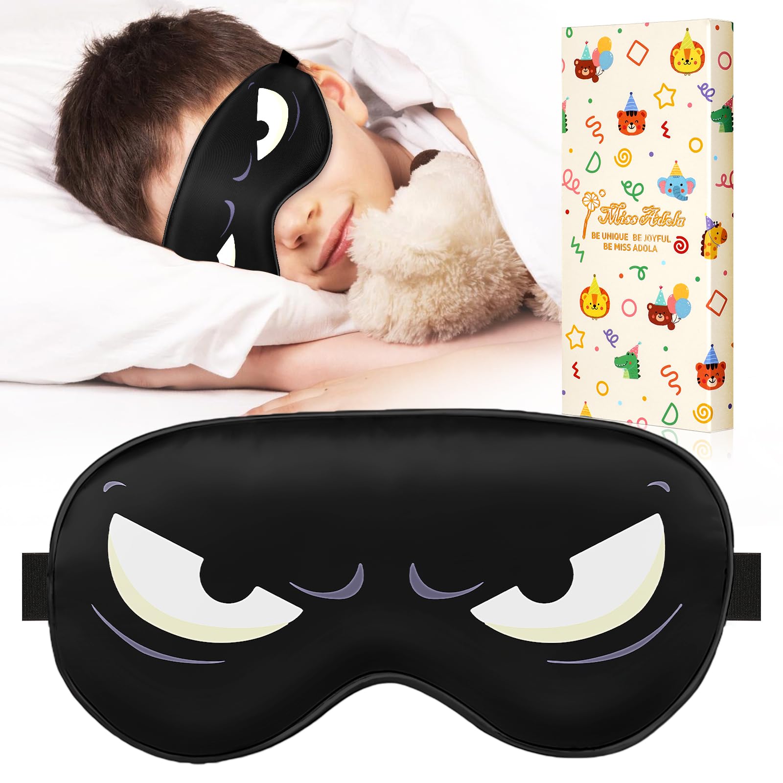 Miss Adola Sleep Mask for Kids - Silk Eye Mask for Sleeping Cute Cartoon Kids Sleep Mask for Boys Girls Teens Soft Smooth Adjustable Straps Silk Kids