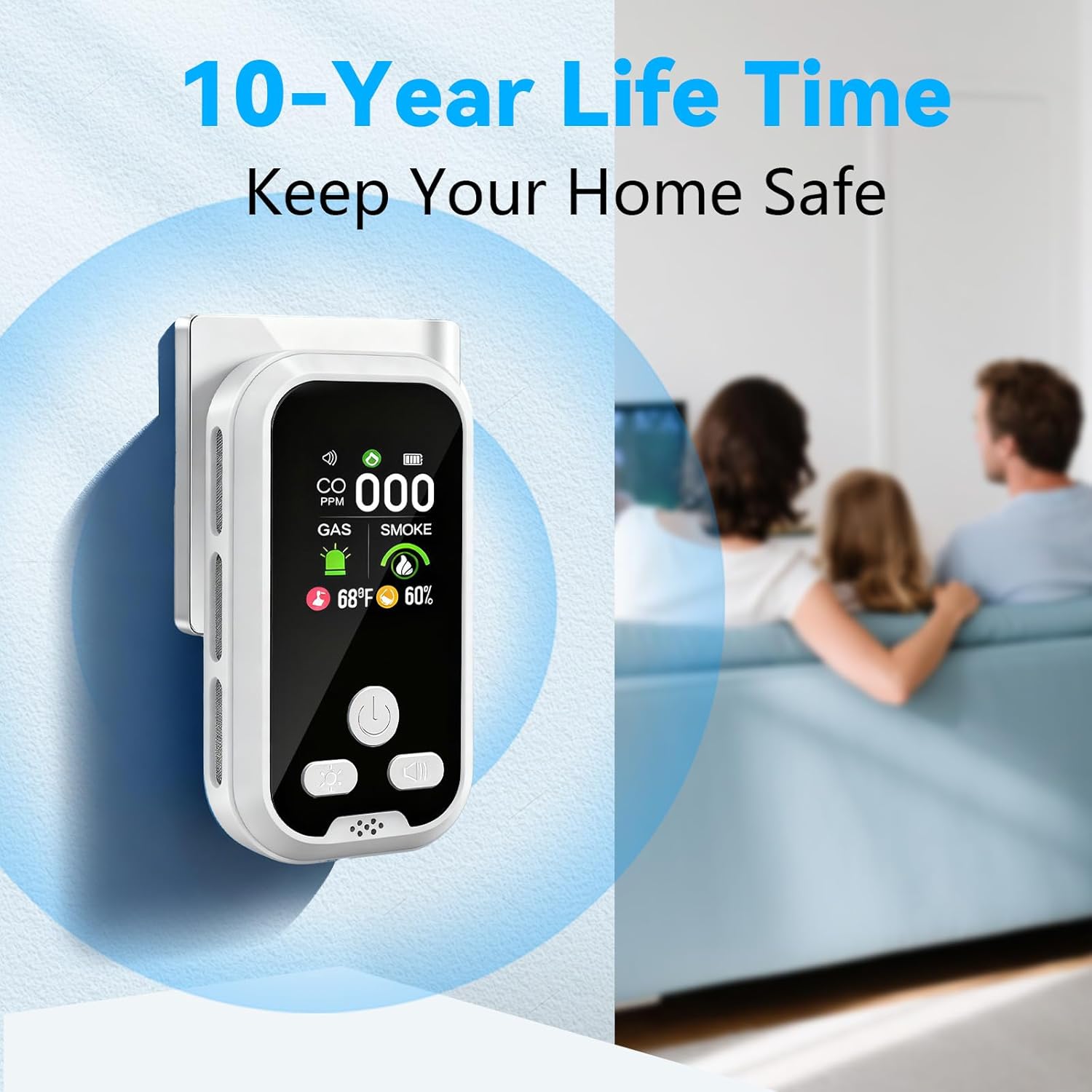 6-in-1 Carbon Monoxide Detector Combo with LCD Display, Detects CO, Natural Gas, Smoke, Temperature, Humidity for Home Hotel, Camping RV, Apartment Safety, White