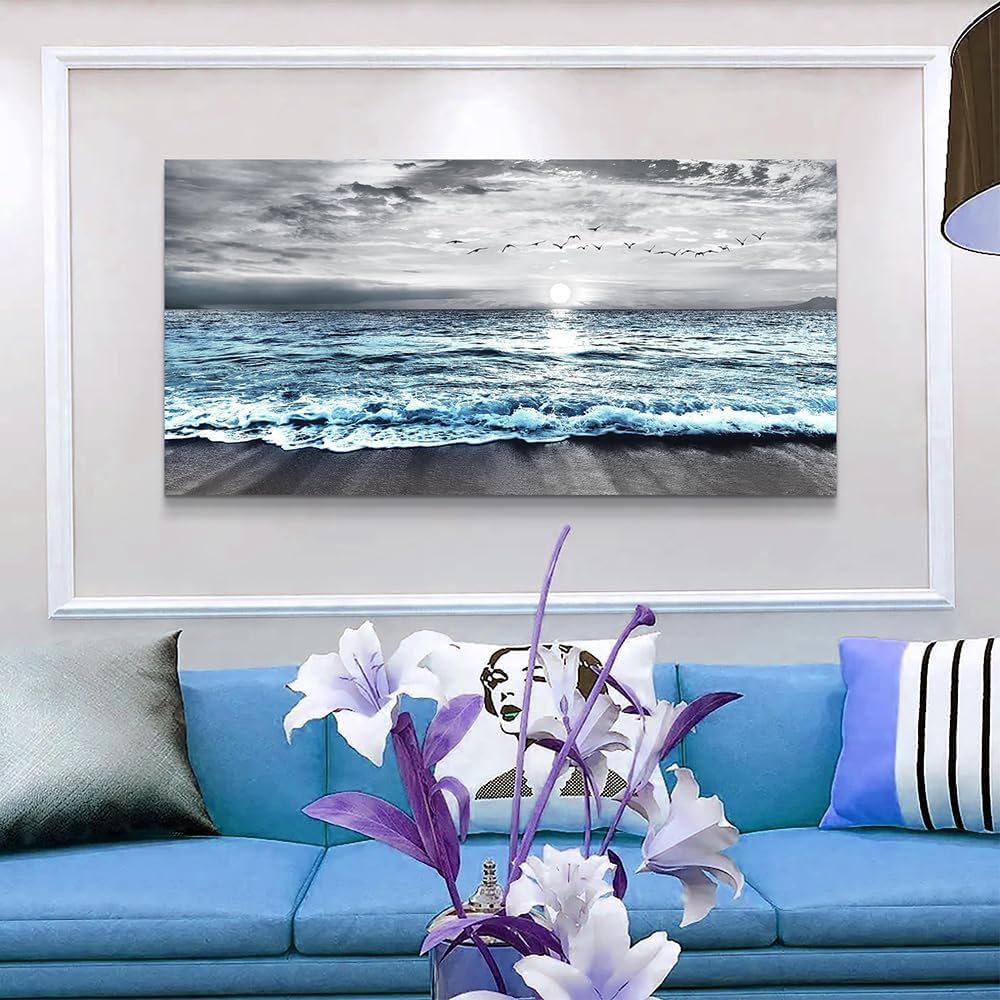 lianyibo Large Canvas Wall Art For Living Room Bedroom Decor Black & White Blue Sea Wave Pictures Posters Prints Beach Posters(30x60cm/Inner frame)
