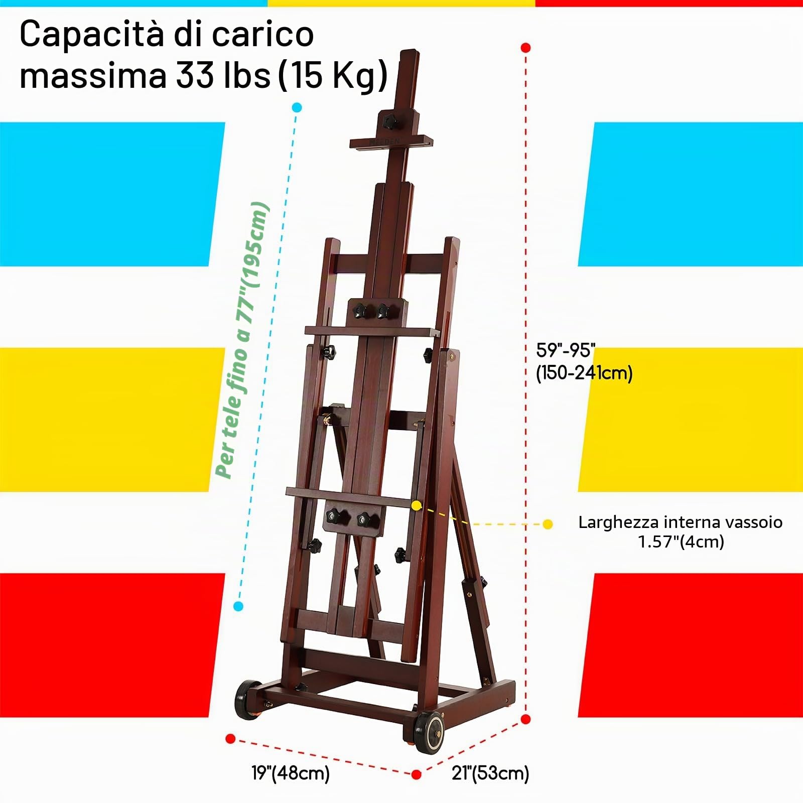 MEEDEN Cavalletto da studio multifunzione, telaio ad H, per adulti, artisti, pavimento, legno di faggio massiccio, ruote anteriori, può